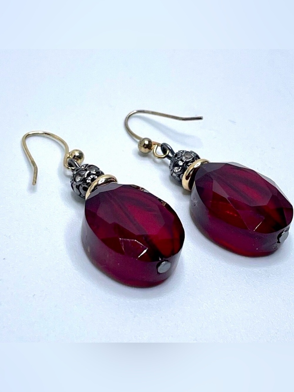 Statement Bold Red Crystal Glass Oval Beaded Dangle Earrings Hook Setting Gothic